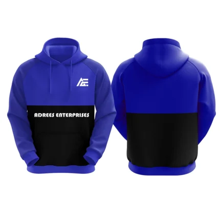 Dark blue and black custom hoodie with Adrees Enterprises logo on the front.