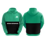 Teal and black custom hoodie with Adrees Enterprises logo on the front.