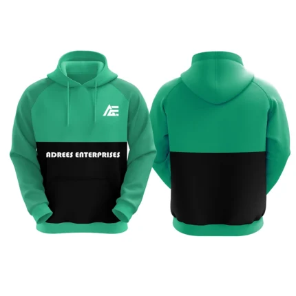 Teal and black custom hoodie with Adrees Enterprises logo on the front.