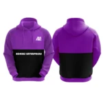 Purple and black custom hoodie with Adrees Enterprises logo on the front.
