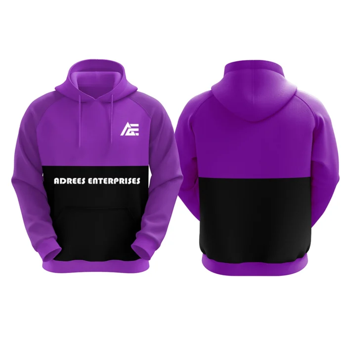 Purple and black custom hoodie with Adrees Enterprises logo on the front.