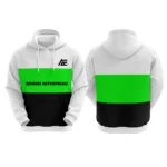 White, green, and black custom hoodie with Adrees Enterprises logo on the front.