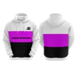 White, pink, and black custom hoodie with Adrees Enterprises logo on the front.