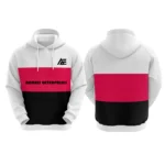 White, red, and black custom hoodie with Adrees Enterprises logo on the front.