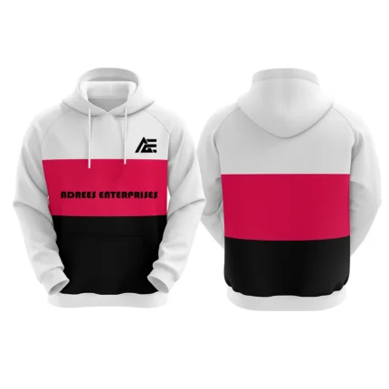 White, red, and black custom hoodie with Adrees Enterprises logo on the front.