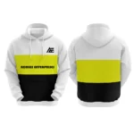 White, yellow, and black custom hoodie with Adrees Enterprises logo on the front.