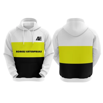 White, yellow, and black custom hoodie with Adrees Enterprises logo on the front.