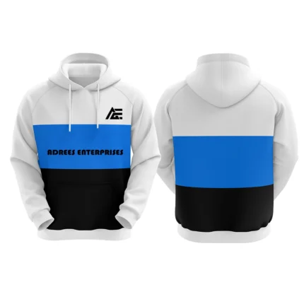 White, blue, and black custom hoodie with Adrees Enterprises logo on the front.