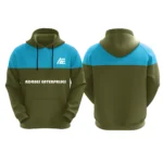 Olive green and blue custom hoodie with Adrees Enterprises logo on the front.