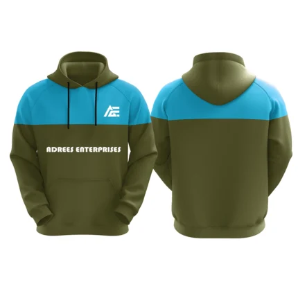 Olive green and blue custom hoodie with Adrees Enterprises logo on the front.
