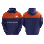 Navy blue and orange custom hoodie with Adrees Enterprises logo on the front.