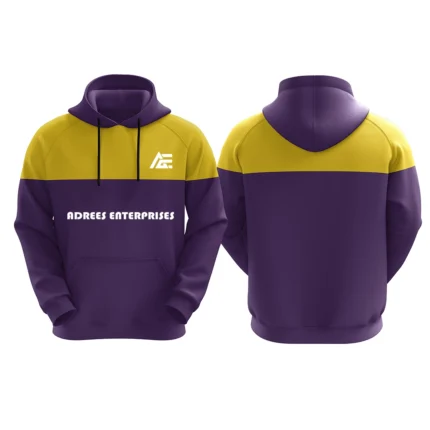 Purple and yellow custom hoodie with Adrees Enterprises logo on the front.