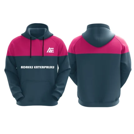 Dark teal and pink custom hoodie with Adrees Enterprises logo on the front.