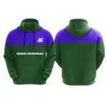 Green and purple custom hoodie with Adrees Enterprises logo on the front.