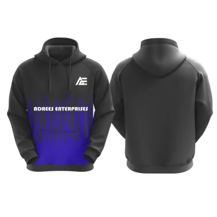 Black hoodie with blue digital gradient design and Adrees Enterprises logo on the front.