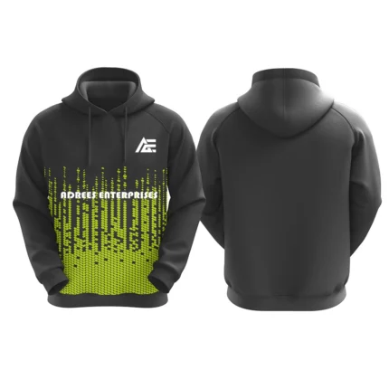 Black hoodie with yellow digital gradient design and Adrees Enterprises logo on the front.
