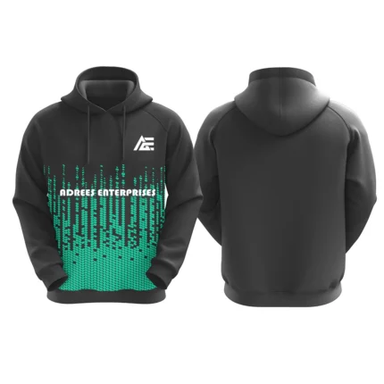 Black hoodie with teal digital gradient design and Adrees Enterprises logo on the front.