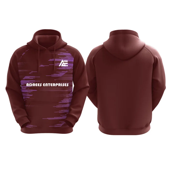 Maroon hoodie with purple abstract pattern and Adrees Enterprises logo on the front.