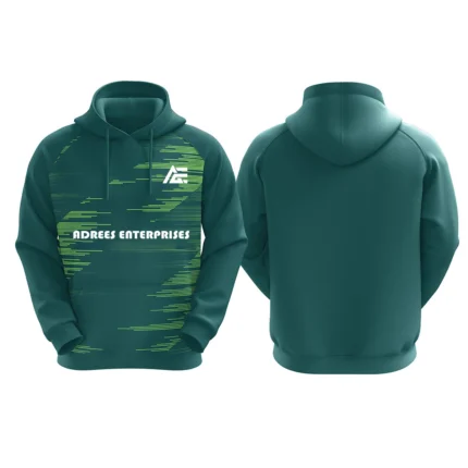 Teal hoodie with lime abstract pattern and Adrees Enterprises logo on the front.