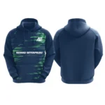 Navy blue hoodie with green abstract pattern and Adrees Enterprises logo on the front.