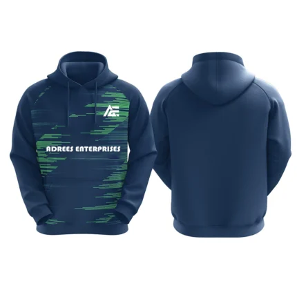 Navy blue hoodie with green abstract pattern and Adrees Enterprises logo on the front.