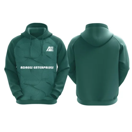 Teal hoodie with abstract line pattern and Adrees Enterprises logo on the front.