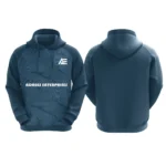 Navy blue hoodie with abstract line pattern and Adrees Enterprises logo on the front.