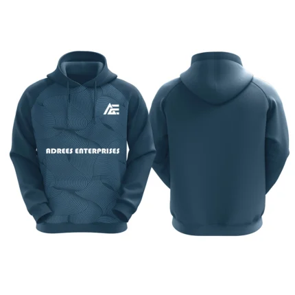 Navy blue hoodie with abstract line pattern and Adrees Enterprises logo on the front.