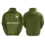 Olive green hoodie with abstract line pattern and Adrees Enterprises logo on the front.