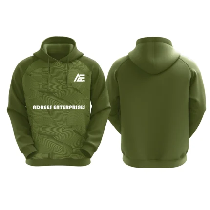 Olive green hoodie with abstract line pattern and Adrees Enterprises logo on the front.