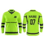 Neon green custom ice hockey jersey front and back design with black accents by Adrees Enterprises.