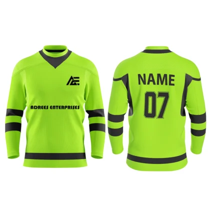 Neon green custom ice hockey jersey front and back design with black accents by Adrees Enterprises.