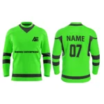 Bright green custom ice hockey jersey front and back view with black stripes by Adrees Enterprises.