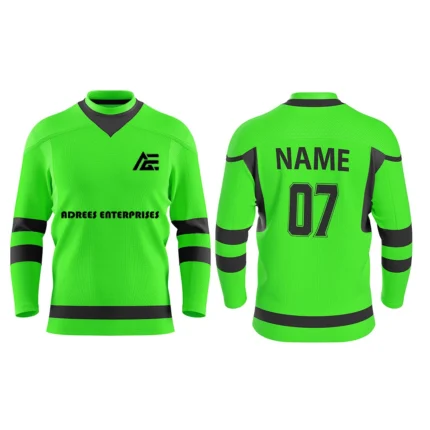 Bright green custom ice hockey jersey front and back view with black stripes by Adrees Enterprises.
