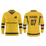 Yellow custom ice hockey jersey front and back design with bold black details by Adrees Enterprises.