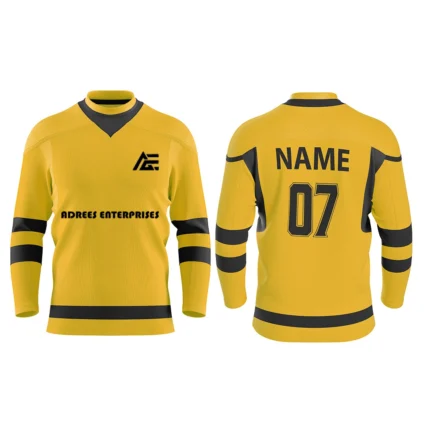 Yellow custom ice hockey jersey front and back design with bold black details by Adrees Enterprises.