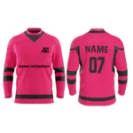 Pink custom ice hockey jersey front and back view with stylish black details by Adrees Enterprises.