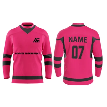 Pink custom ice hockey jersey front and back view with stylish black details by Adrees Enterprises.