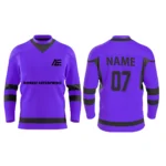Purple custom ice hockey jersey front and back design with sleek black highlights by Adrees Enterprises.