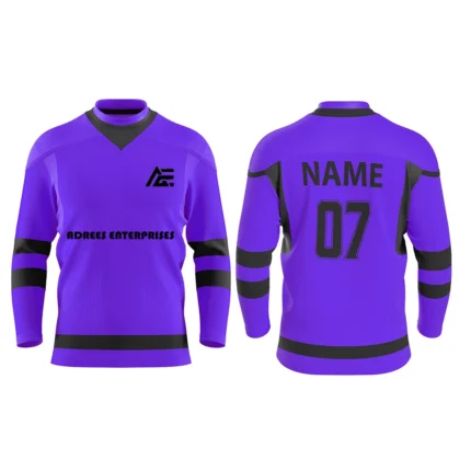 Purple custom ice hockey jersey front and back design with sleek black highlights by Adrees Enterprises.