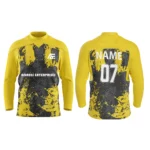 Custom ice hockey jersey in yellow with splatter art design and Adrees Enterprises branding, front and back views.
