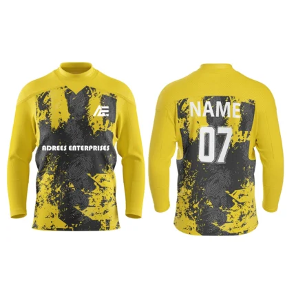 Custom ice hockey jersey in yellow with splatter art design and Adrees Enterprises branding, front and back views.