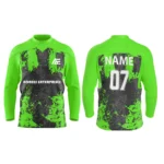 Custom ice hockey jersey in neon green with splatter art design and Adrees Enterprises branding, front and back views.