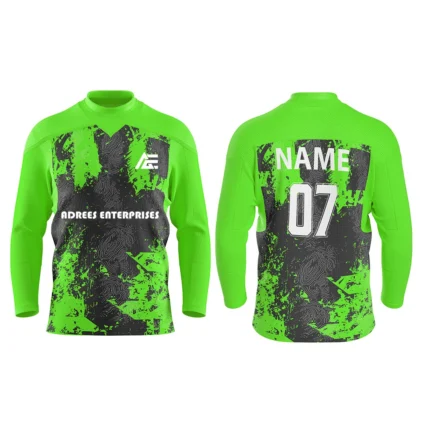 Custom ice hockey jersey in neon green with splatter art design and Adrees Enterprises branding, front and back views.