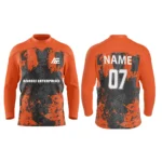 Custom ice hockey jersey in orange with splatter art design and Adrees Enterprises branding, front and back views.