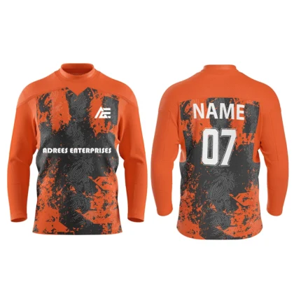 Custom ice hockey jersey in orange with splatter art design and Adrees Enterprises branding, front and back views.