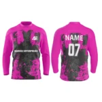 Custom ice hockey jersey in pink with splatter art design and Adrees Enterprises branding, front and back views.