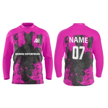 Custom ice hockey jersey in pink with splatter art design and Adrees Enterprises branding, front and back views.