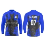 Custom ice hockey jersey in blue with splatter art design and Adrees Enterprises branding, front and back views.