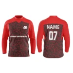 Custom ice hockey jersey in red with web-like pattern design and Adrees Enterprises branding, front and back views.